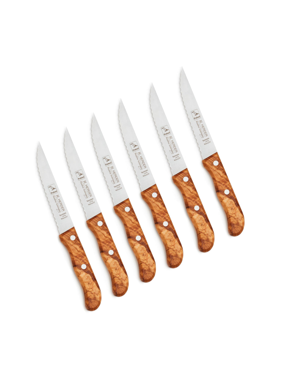 Steak knife set 6 pcs, olive wood handle, with shaft, blade length 13cm