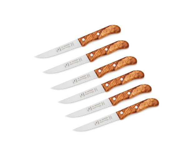 Steak knife set 6pcs, olive wood handle, with shaft, blade length 13cm