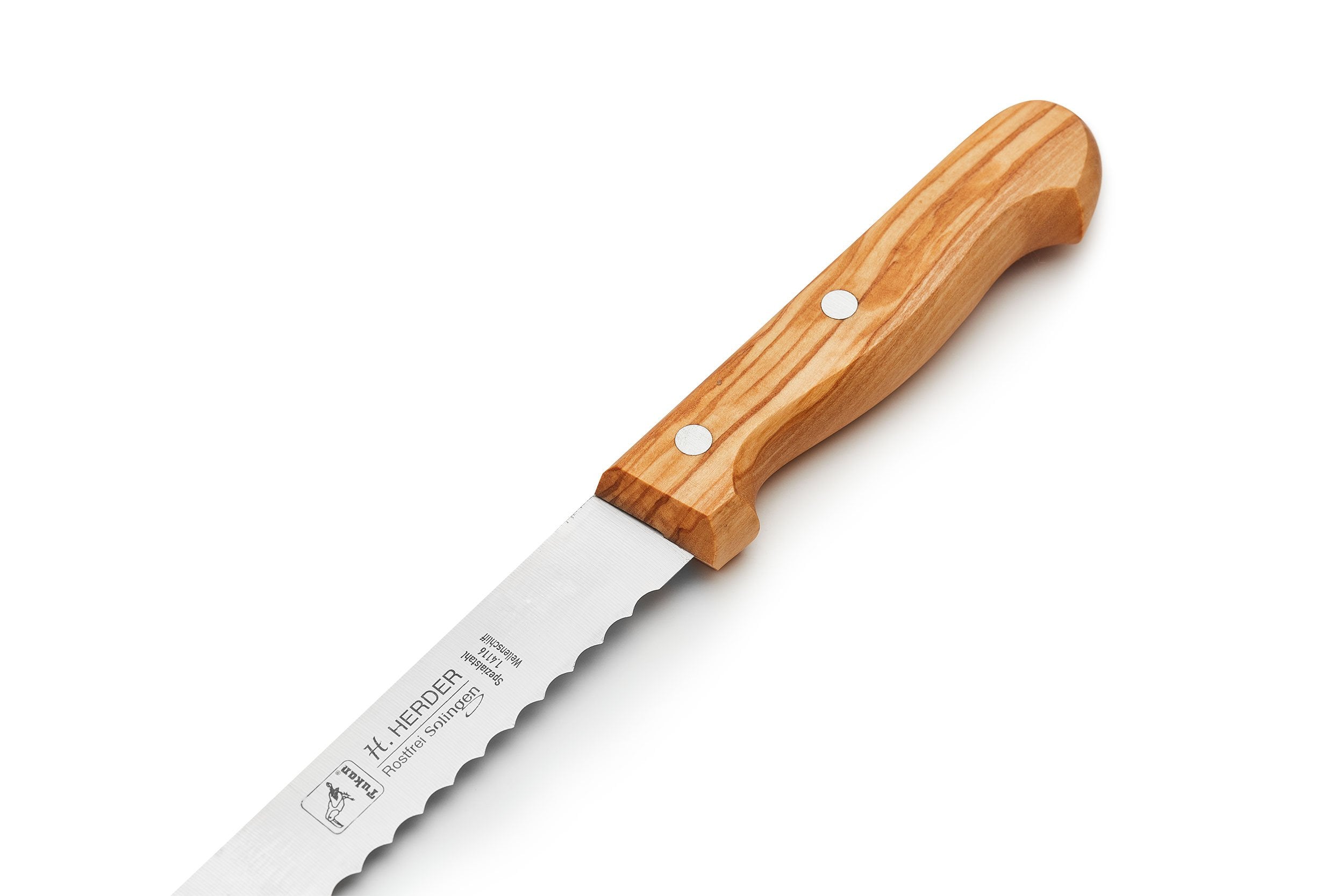 Bread knife olive wood handle 20cm shaft