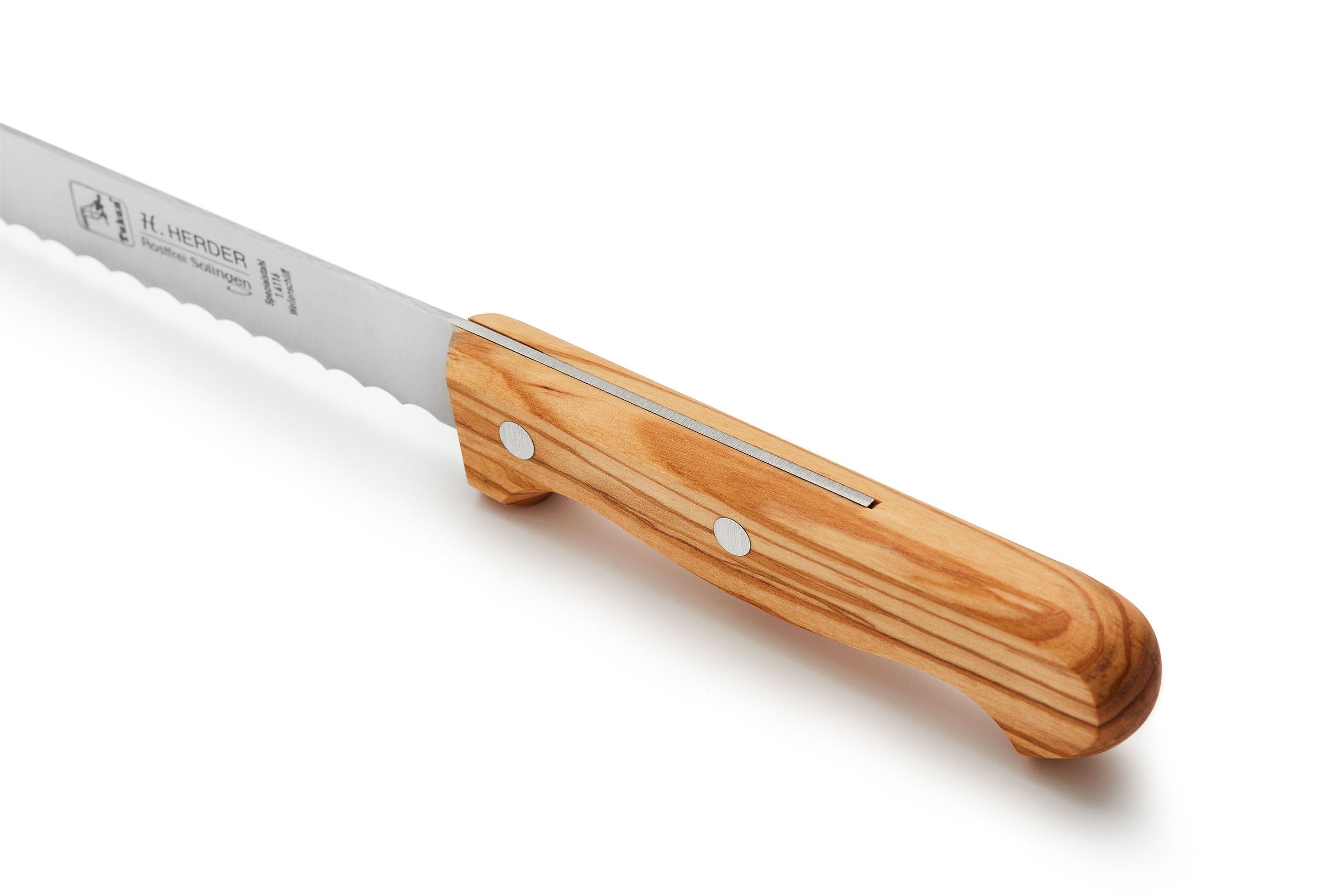 Bread knife olive wood handle 20cm shaft