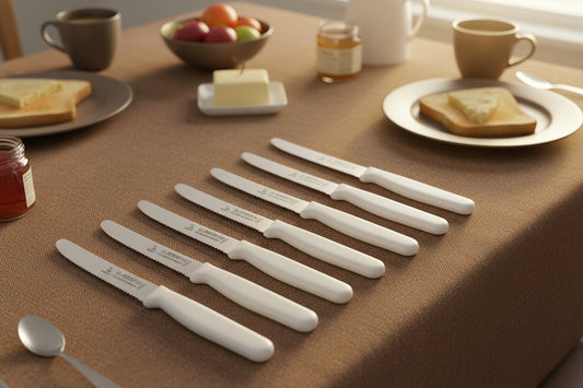 Set of 6 breakfast knives PPN plastic with shaft, white handle