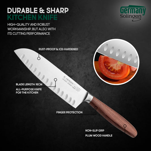 Santoku knife Eterno, plum wood, blade length 16cm, forged, fluted edge
