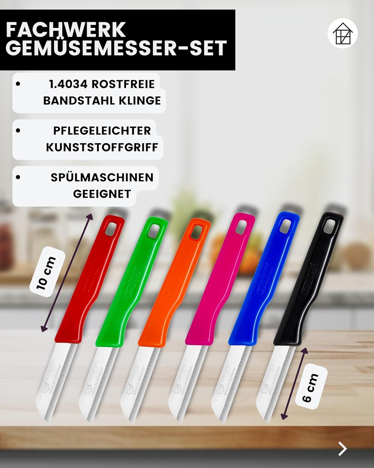 Kitchen knife set 6 pcs, straight blade, blade length 6cm