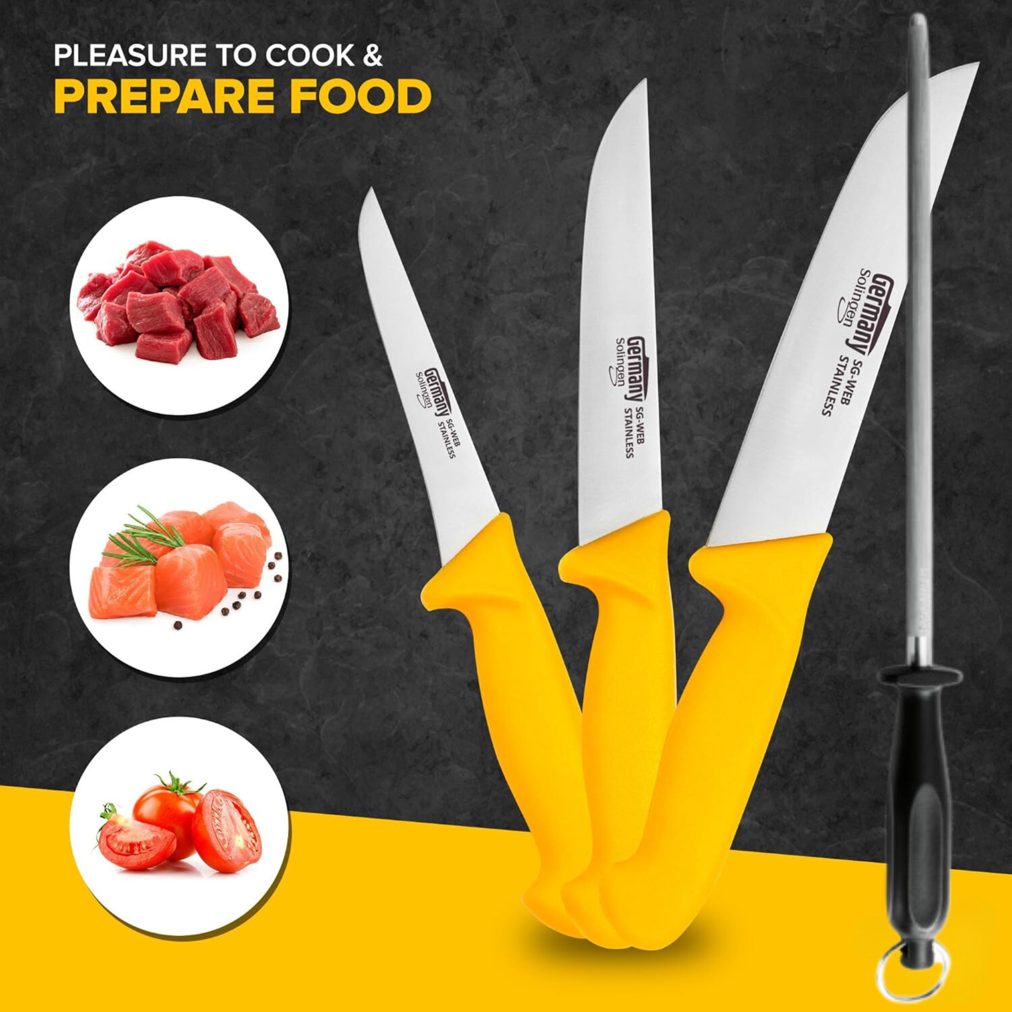 Meat knife set 4pcs with sharpening steel