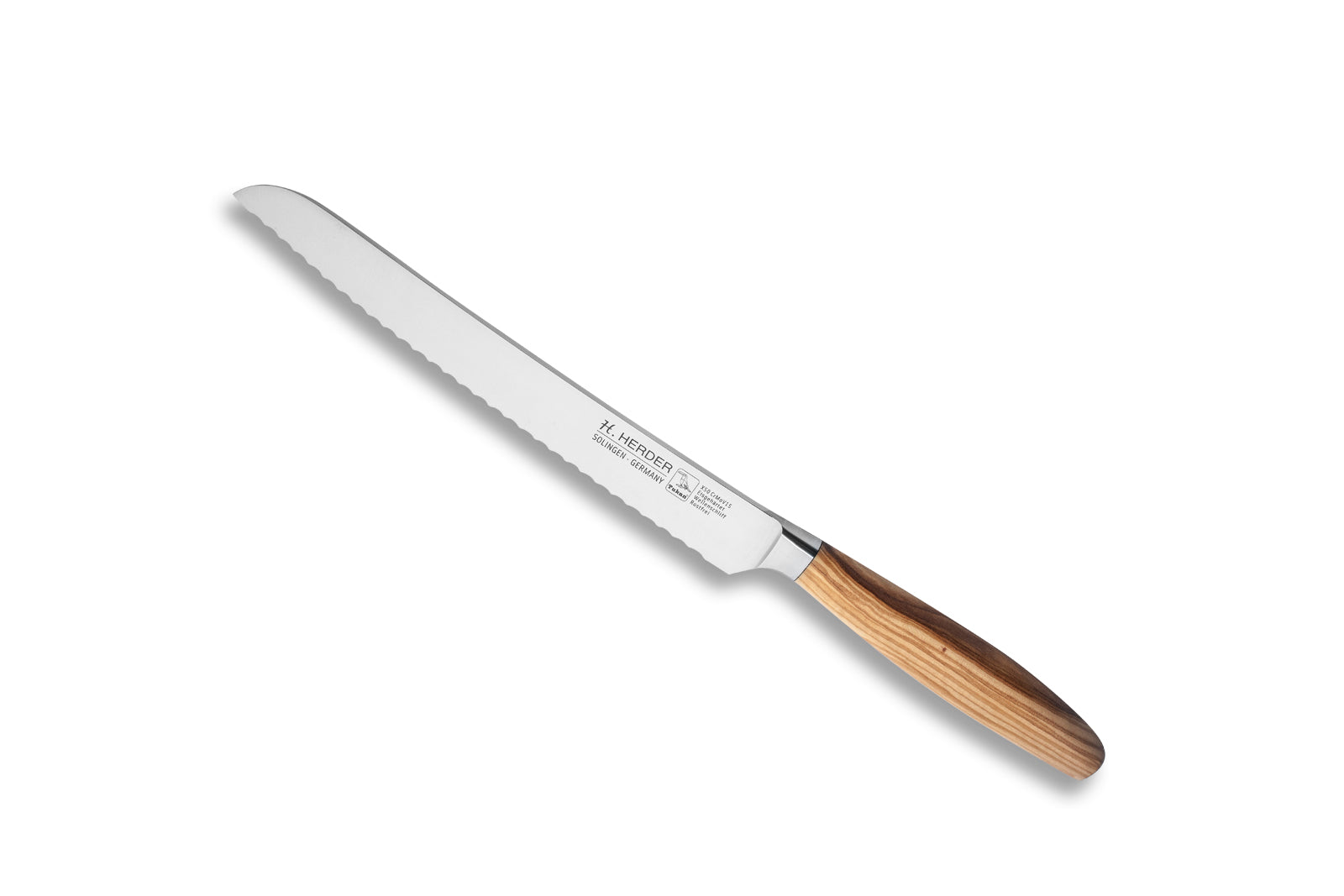 Cuchillo para pan Eterno, madera de olivo, longitud de la hoja 22cm, forjado, filo dentado
