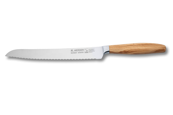 Cuchillo para pan Eterno, madera de olivo, longitud de la hoja 22cm, forjado, filo dentado