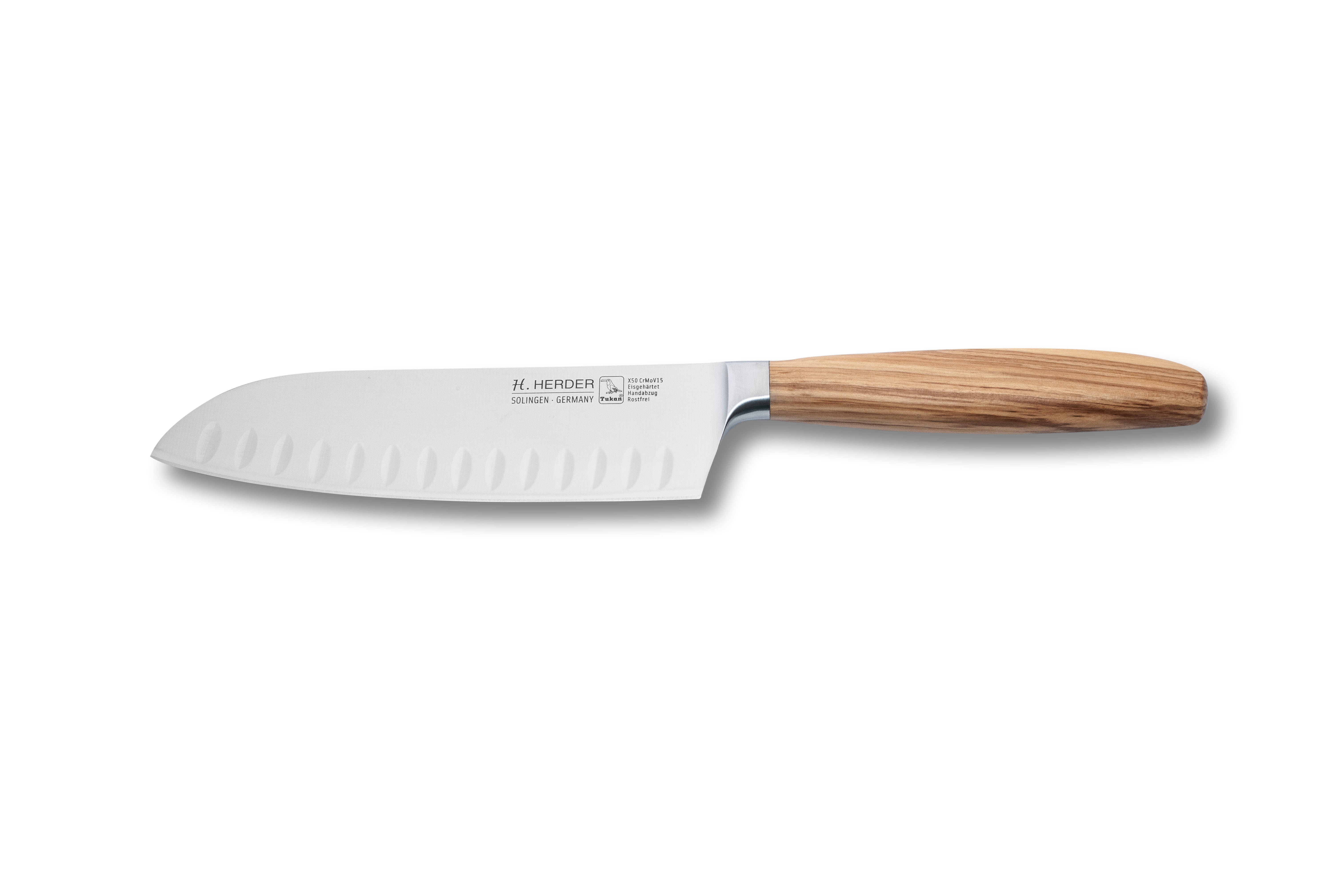 Cuchillo Santoku Eterno, madera de olivo, longitud de la hoja 16cm, forjado, filo biselado