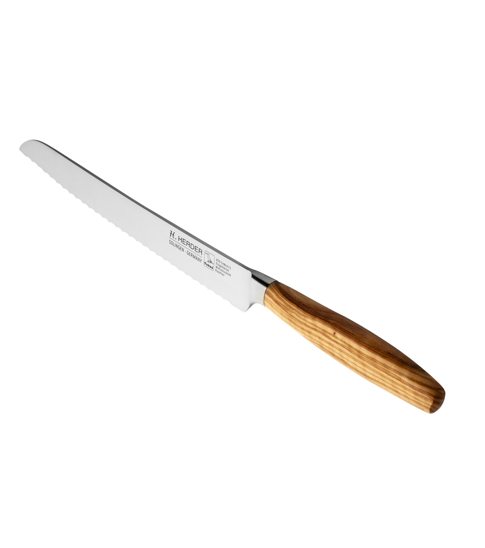 Couteau à pain Eterno, bois d'olivier, longueur de lame 22cm, forgé, dentelé