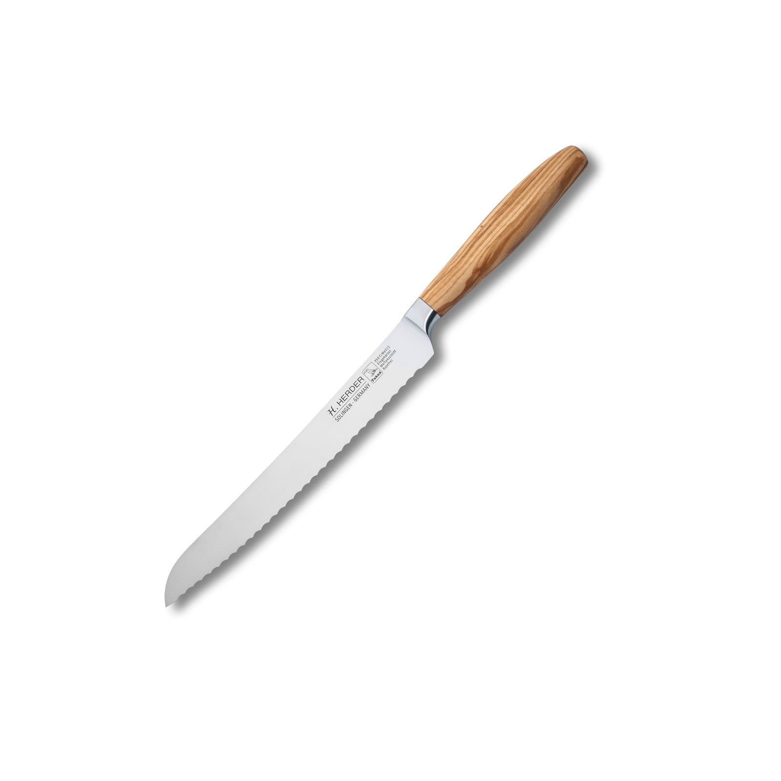 Couteau à pain Eterno, bois d'olivier, longueur de lame 22cm, forgé, dentelé