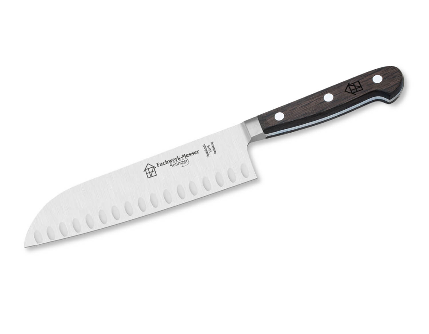 FACHWERK Couteau Santoku Vitruv, Lame 18cm, tranchant alvéolé, manche bois chêne fumé