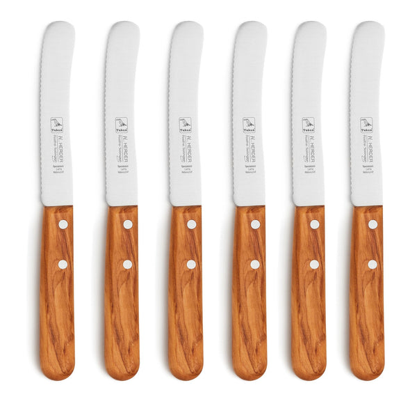 Set de 6 couteaux à petit-déjeuner manche en bois d'olivier avec vague