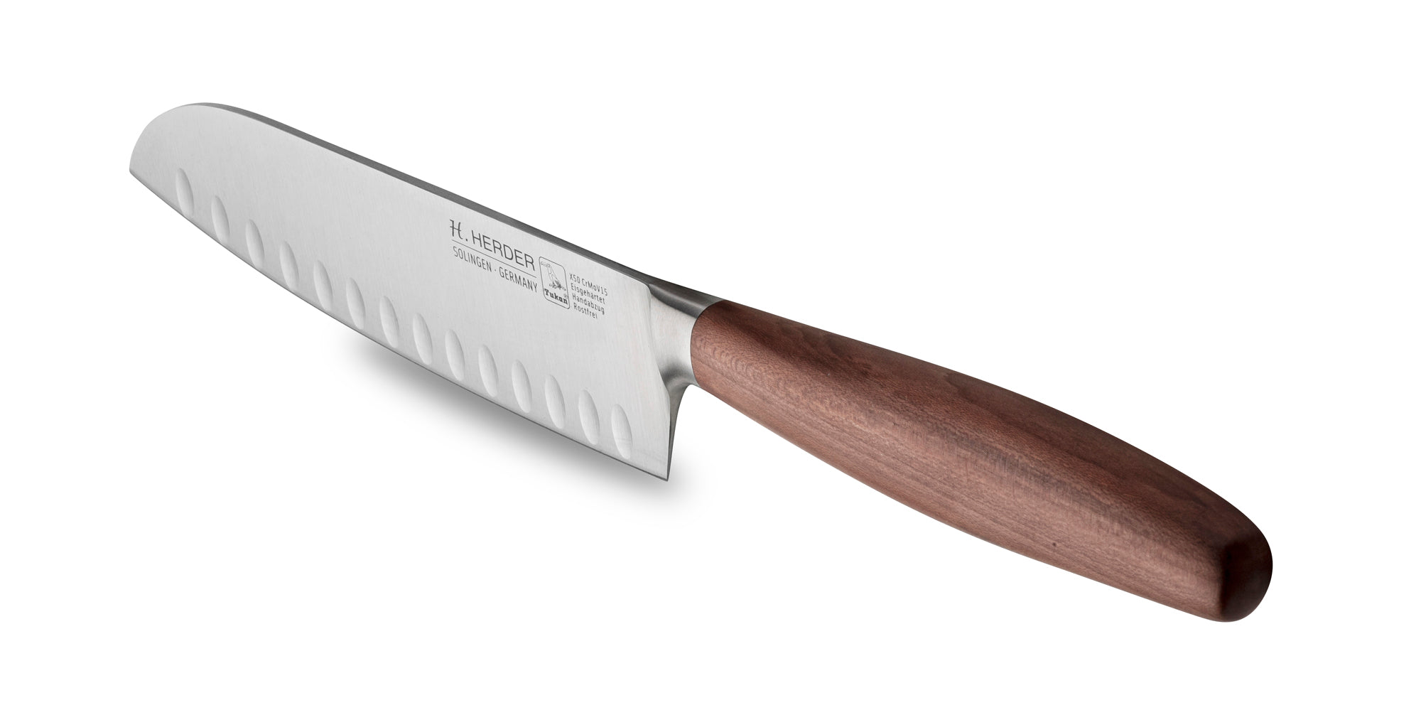 Couteau Santoku Eterno, bois de prunier, longueur de lame 16 cm, forgé, tranchant alvéolé