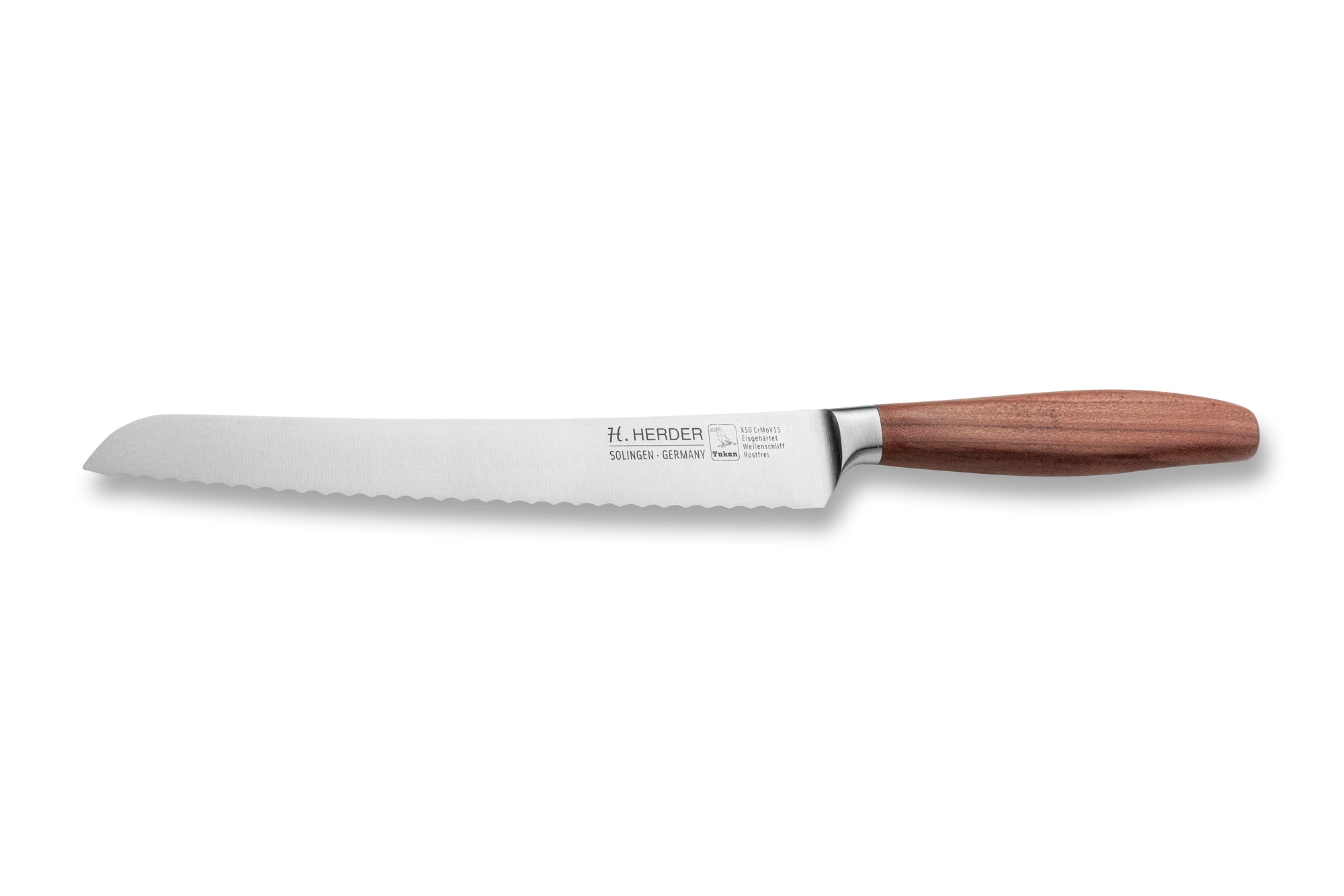 Couteau à pain Eterno, bois de prunier, longueur de lame 22cm, forgé, lame crantée