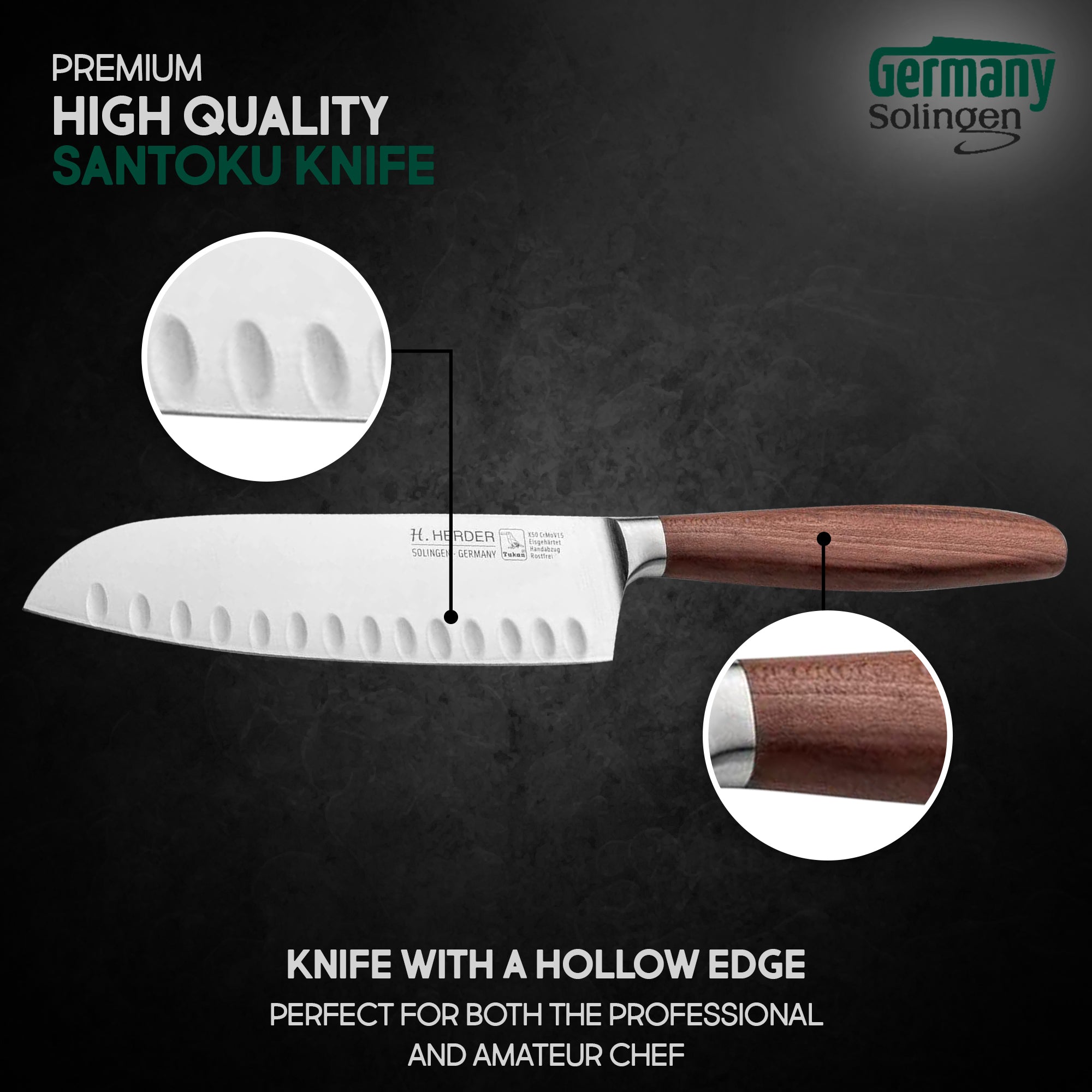 Couteau Santoku Eterno, bois de prunier, longueur de lame 16 cm, forgé, tranchant alvéolé